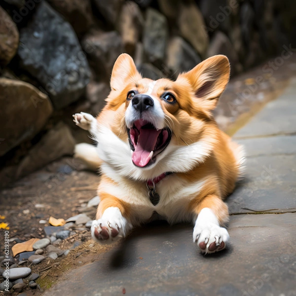 Fototapeta Image of a cute Welsh Corgi rolling around