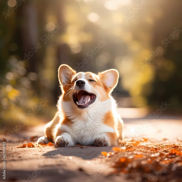 Fototapeta Image of a cute Welsh Corgi rolling around