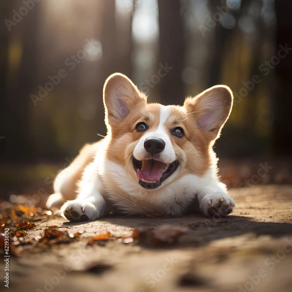 Fototapeta Image of a cute Welsh Corgi rolling around