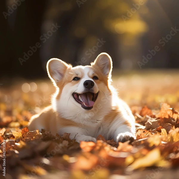 Fototapeta Image of a cute Welsh Corgi rolling around