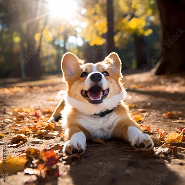 Fototapeta Image of a cute Welsh Corgi rolling around