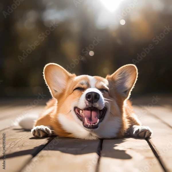 Fototapeta Image of a cute Welsh Corgi rolling around