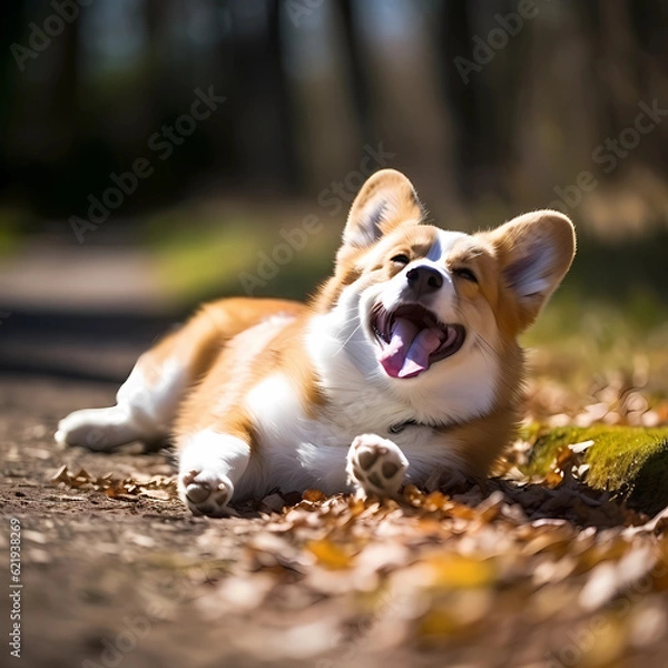 Fototapeta Image of a cute Welsh Corgi rolling around