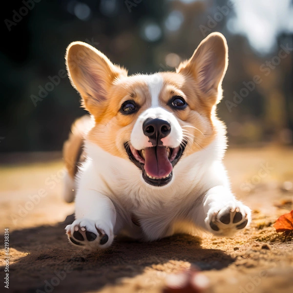 Fototapeta Image of a cute Welsh Corgi rolling around