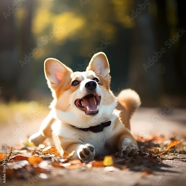 Fototapeta Image of a cute Welsh Corgi rolling around