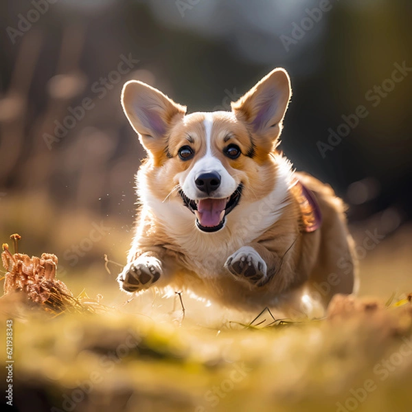 Fototapeta Image of a cute Welsh Corgi rolling around