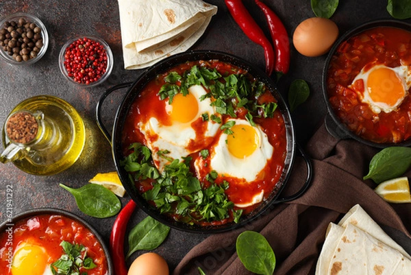Fototapeta Pans with shakshuka, eggs, basil, bowl of pepper and oil on dark background, top view