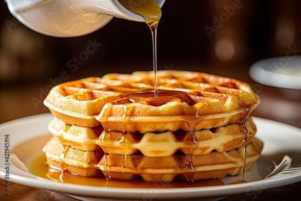 Fototapeta A close-up of a waffle being drizzled with warm maple syrup, capture the delicious syrup cascading over the crispy surface. Generative AI