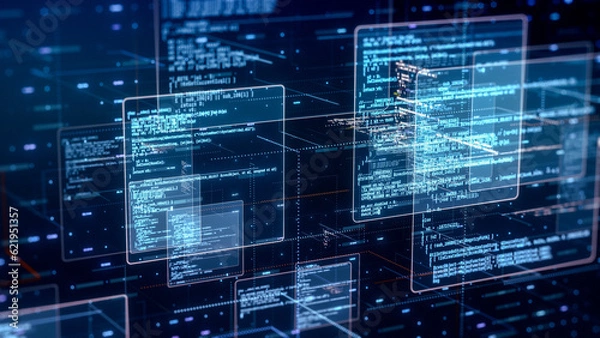 Fototapeta abstract network with random programming code, web and software development concept, futuristic technology, digital connectivity, cyber space (3d render)