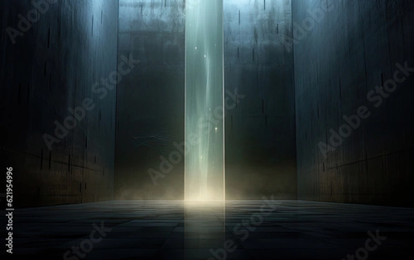 Fototapeta A light in a minimalist concrete dark room in the style of monumental scale.