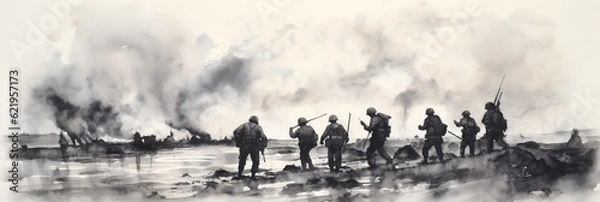 Obraz World war II battle scene illustration. AI Generative Art.