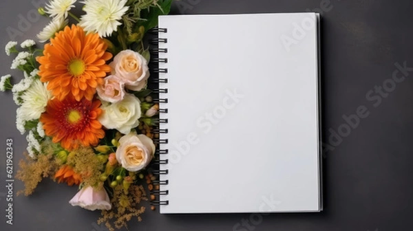 Fototapeta Top view of white blank notebook and flowers on the desk