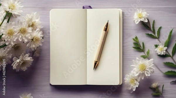 Fototapeta Top view of white blank notebook and flowers on the desk