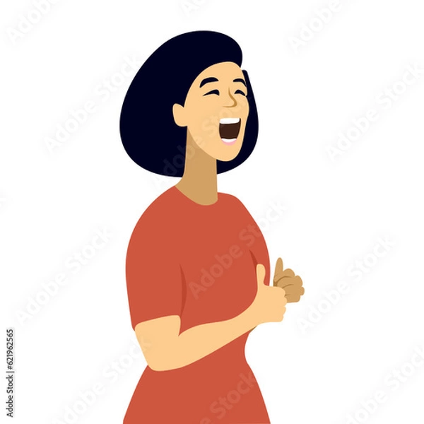 Obraz Young beautiful woman is chanting with her fists clenched. Sings or screams. Thumbs up. The concept of support, the right to vote. Modern cartoon flat style vector illustration isolated on white.