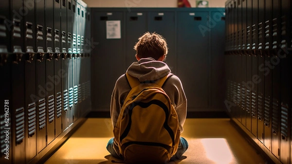 Fototapeta Student discrimination sitting by locker against school corridor. Generative AI