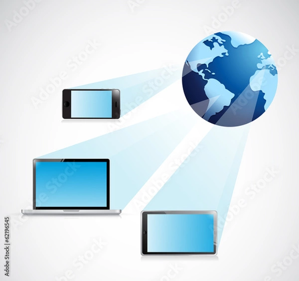 Obraz laptop, tablet, and phone global connection