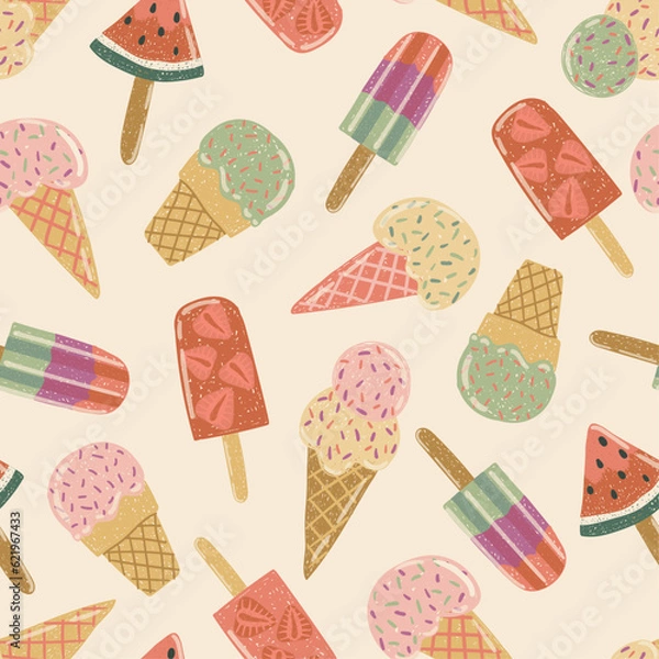 Fototapeta Vector abstract cute hand drawn illustration with ice cream and watermelon. The pattern is great for fabric, wallpaper, wrapping paper, postcard, layout.