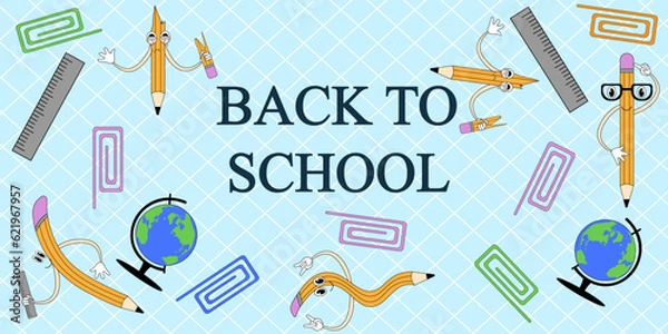Fototapeta Back to School big horizontal Banner with funny School Characters and space for text. Pencil mascot. Template education poster. Vector illustration