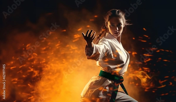 Fototapeta Green Belt Warriors: Person in Kimono and green Belt on fire Background with Space for Text. Martial Arts Discipline Concept AI Generative	
