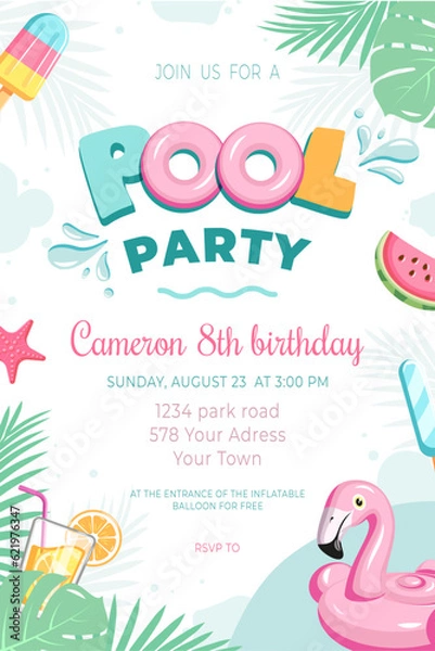Obraz Bright poster flyer invitation to the pool party in honor of the child's birthday. Flat style. Vector illustration.