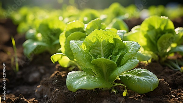 Obraz photo of green lettuce planted in the ground, generative ai