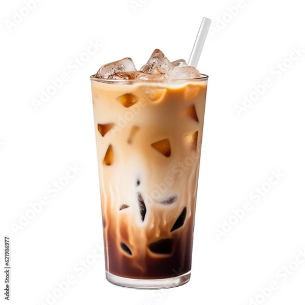 Fototapeta Iced coffee isolated on transparent background, delicious iced latte coffee drink blend in tall glass cup with ice cubes, and white straw, cold beverage, for cafe, coffee shop, menu, generative ai