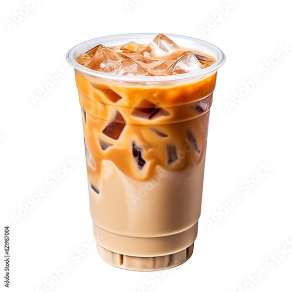Obraz Iced coffee isolated on transparent background, delicious cold iced latte coffee drink in disposable plastic cup with ice cubes, cold beverage, for cafe, coffee shop, menu, design. generative ai