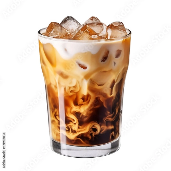 Obraz Delicious iced coffee with ice cubes isolated on transparent background, cold iced latte caramel coffee drink in glass cup with ice cubes, cold beverage, for cafe, coffee shop, menu, generative ai