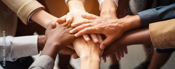 Obraz Stack of hands showing unity and teamwork, office background, panorama. Generative Ai.