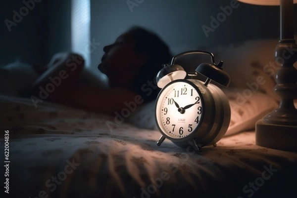 Fototapeta person waking up, Photographic Capture of an Illuminated Digital Modern Alarm Clock on a Bedside, Accompanying a Peacefully Sleeping Person