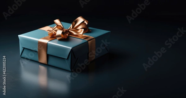 Fototapeta Elegance Wrapped: Hands holding Golden Christmas Gifts and Satin Bows -  Ai Generative 