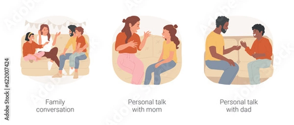 Obraz Family talks isolated cartoon vector illustration set. Family conversation, teen daughter having personal talk with mom, dialogue with dad, discussing plans, communication vector cartoon.