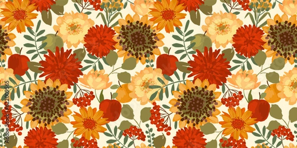 Fototapeta Floral seamless pattern with autumn flowers, leaves and apples. Vector background for various surface.