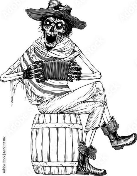 Fototapeta Black and white vector illustration of skeleton playing harmonic