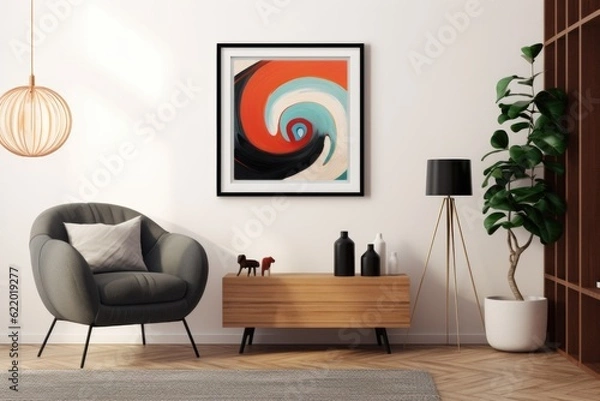 Obraz A stylish black frame showcases a mesmerizing abstract artwork, lending a creative flair to the space on the wall. Generative AI