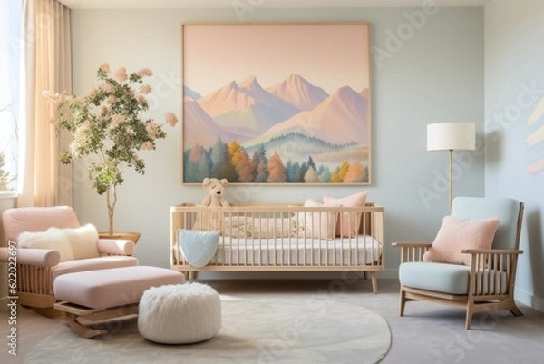 Fototapeta A nursery designed in soft pastel colors, complete with a crib, rocking chair, and whimsical wall art. Generative AI