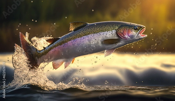 Fototapeta The trout jumps out of the water with splashes and drops.Generative AI