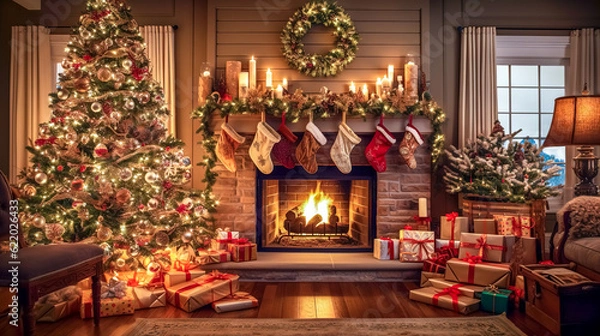 Obraz stylish Christmas interior with decorated tree, gifts and fireplace, made with Generative AI