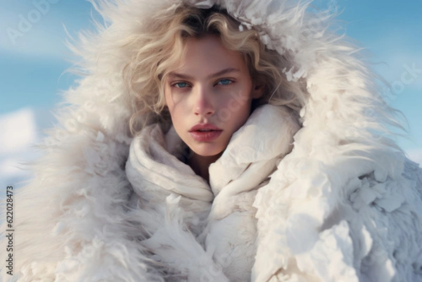 Fototapeta portrait of a woman/model/book character in a cold winter setting with warm white clothes close-up fashion/beauty editorial magazine style film photography look - generative ai art
