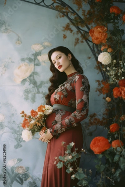 Fototapeta portrait of a pregnant woman/model/mother during pregnancy holding belly in a fashion/beauty editorial magazine style film photography look  - generative ai art
