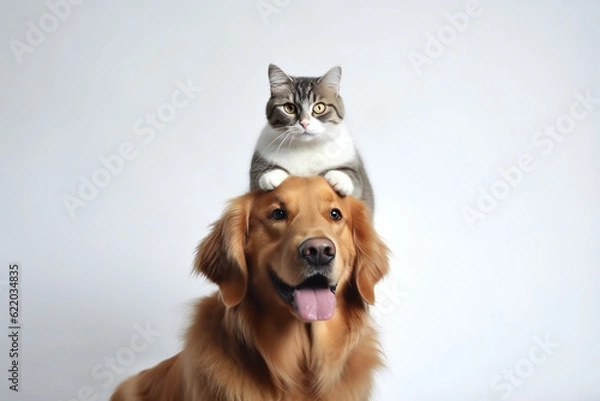 Obraz Dog with cat on top of its head. White Background. Generative AI