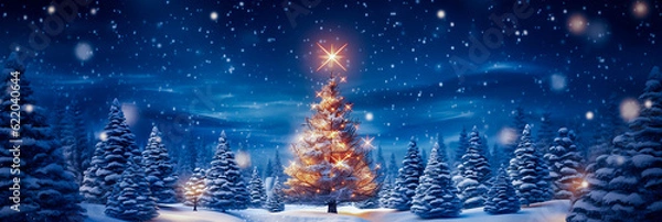 Fototapeta A wintery backdrop with a Christmas tree elegantly decorated. Snowy scenery for Christmas.  Generative AI
