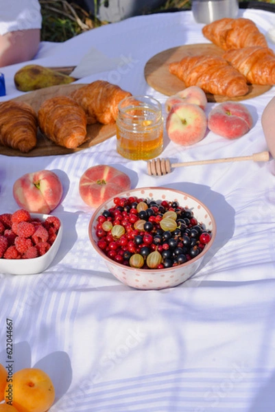 Obraz Red and blues berries on the white tablecloth, picnic on the nature