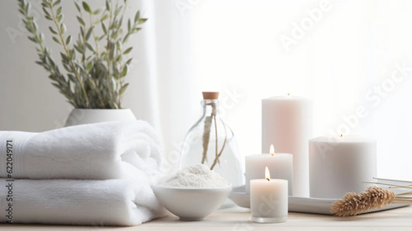 Fototapeta Wellness and Spa: spa accessories, candles, essential oils, and bath salts in a peaceful setting
Generative AI