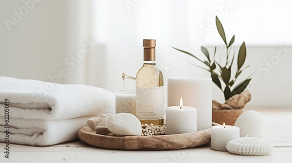 Fototapeta Wellness and Spa: akcesoria spa, świece, olejki eteryczne i sole kąpielne w spokojnym otoczeniu
Generatywny AI