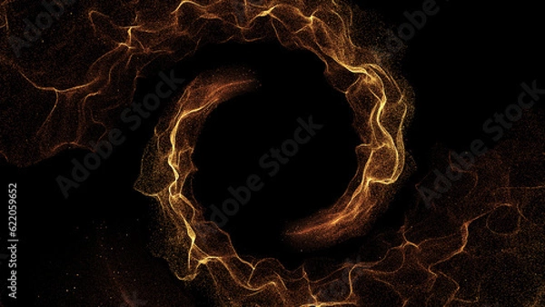 Fototapeta Golden energy particles wave abstract background. Futuristic glittering tail in space on black background. Abstract glowing plasma burst.