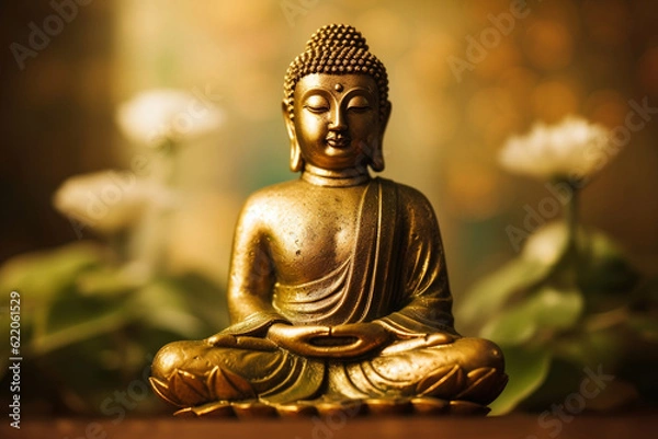 Fototapeta Zen spiritual ritual meditating white face of gold Buddha, gold background. Statue of Buddha in gold colour with lotus. Spiritual calmness and awakening. Religion concept, esoterics. Generative AI.