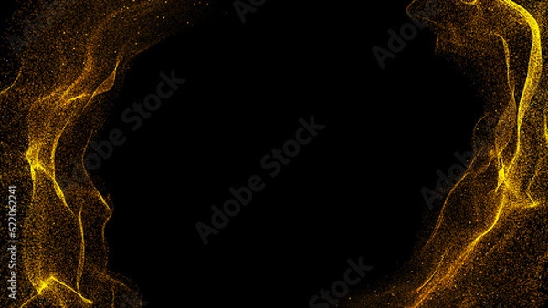 Fototapeta Golden energy particles wave abstract background. Futuristic glittering tail in space on black background. Abstract glowing plasma burst.