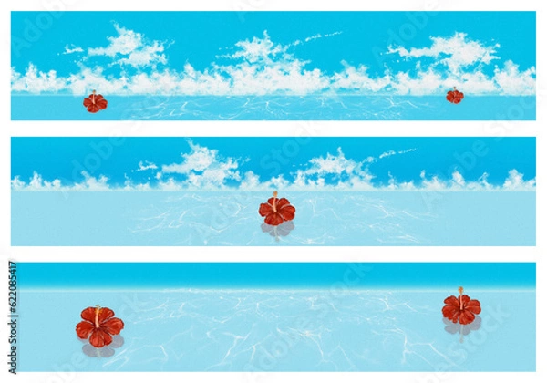 Obraz  海辺とハイビスカス。夏の背景イラスト素材