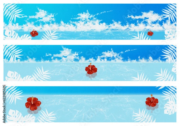 Obraz 夏の背景イラスト素材(・∀・) 海辺とハイビスカス